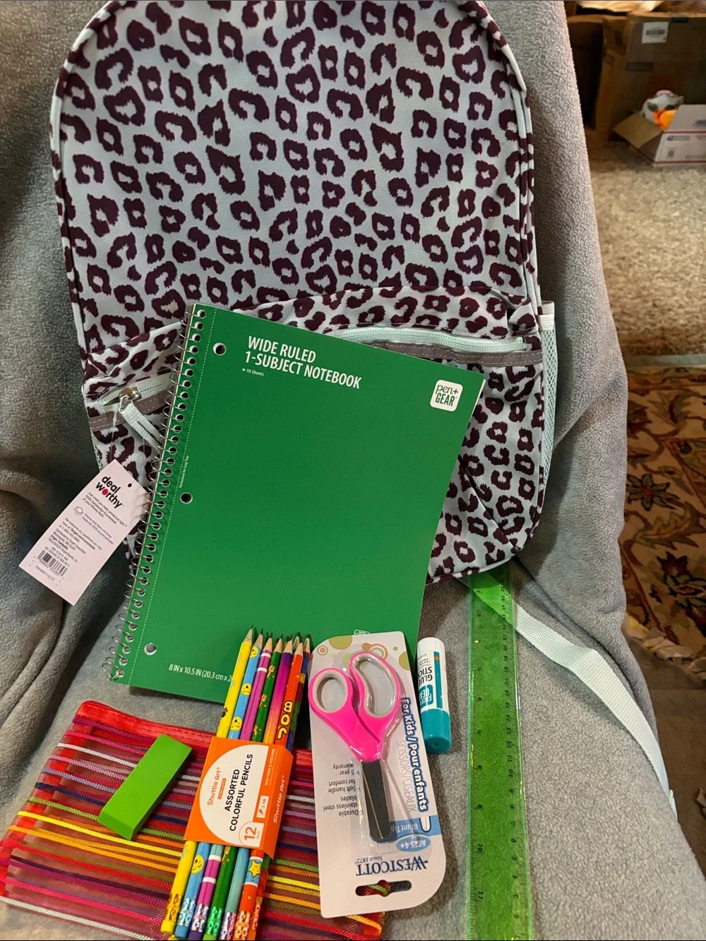 Kids Leopard Print Backpack with Green Notebook and School Supplies